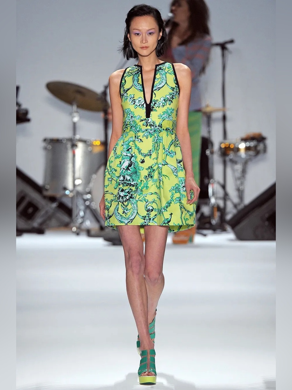 Vintage Nanette Lepore Vogue Runway Lime Green Floral Art To Wear Dress Size 0